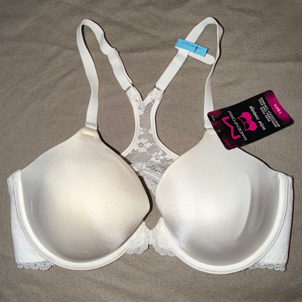 Maidenform White Extra Coverage T-Back Front Close Lace Bra 34C 07112 NEW
